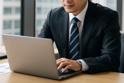 ノートパソコンを使用するスーツの男性